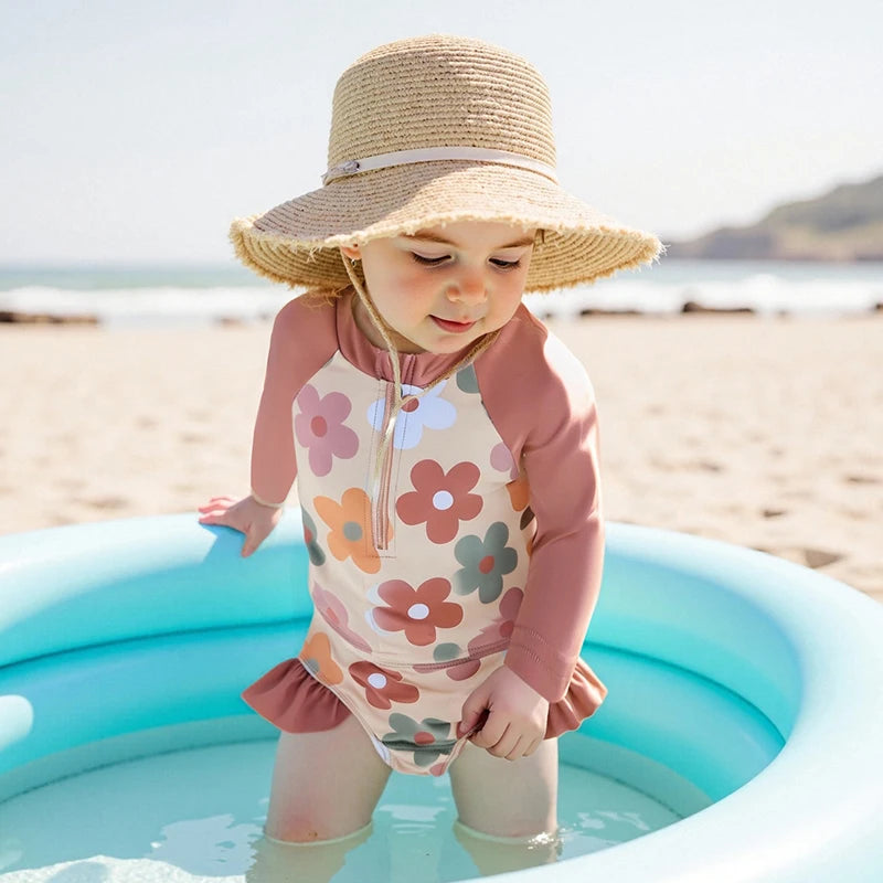 Baby Toddler Girls 2Pcs Summer Swimsuit Set Flower Bow Print Zip-up Rash Guard Long Sleeve Swim Top and Shorts Bathing Suit