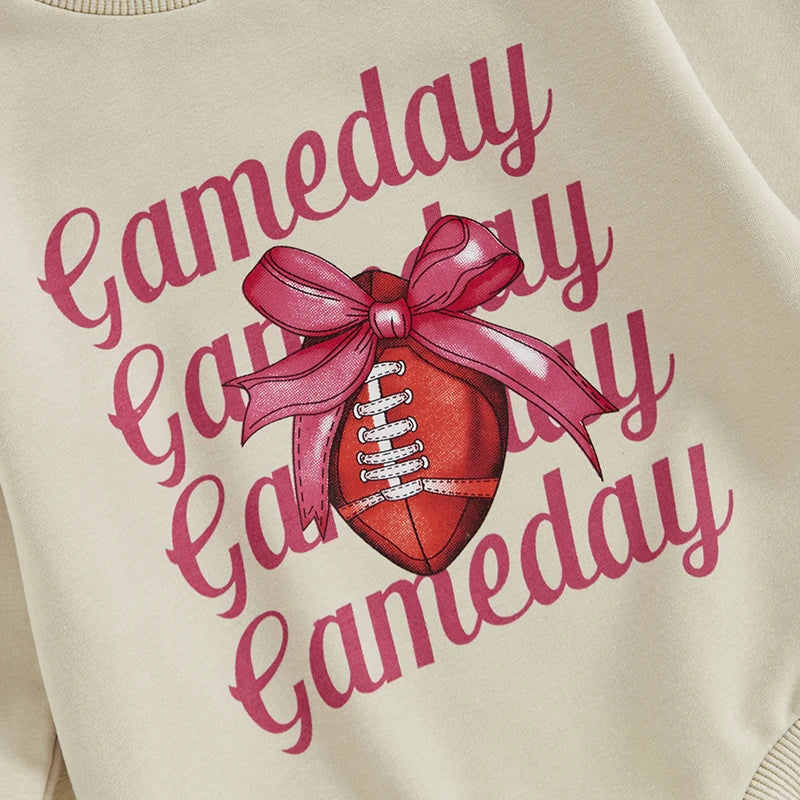 Baby Girls 2Pcs Gameday Football Letter Bow Print Long Sleeve Bubble Romper Headband Outfit Set