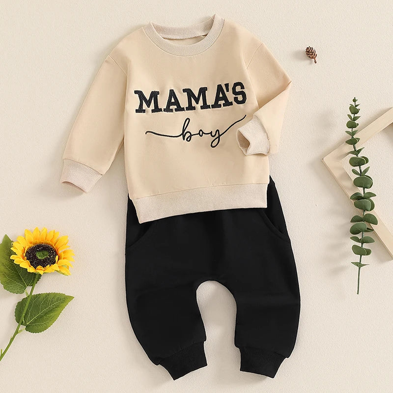 Baby Toddler Boys 2Pcs Mama's Boy Autumn Outfit Long Sleeve O Neck Letter Embroidery Top Drawstring Pants Set