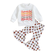 Load image into Gallery viewer, Baby Toddler Girl 2Pcs Thanksgiving Outfits Thankful Print Long Sleeve Top Pumpkin Print Flare Pant

