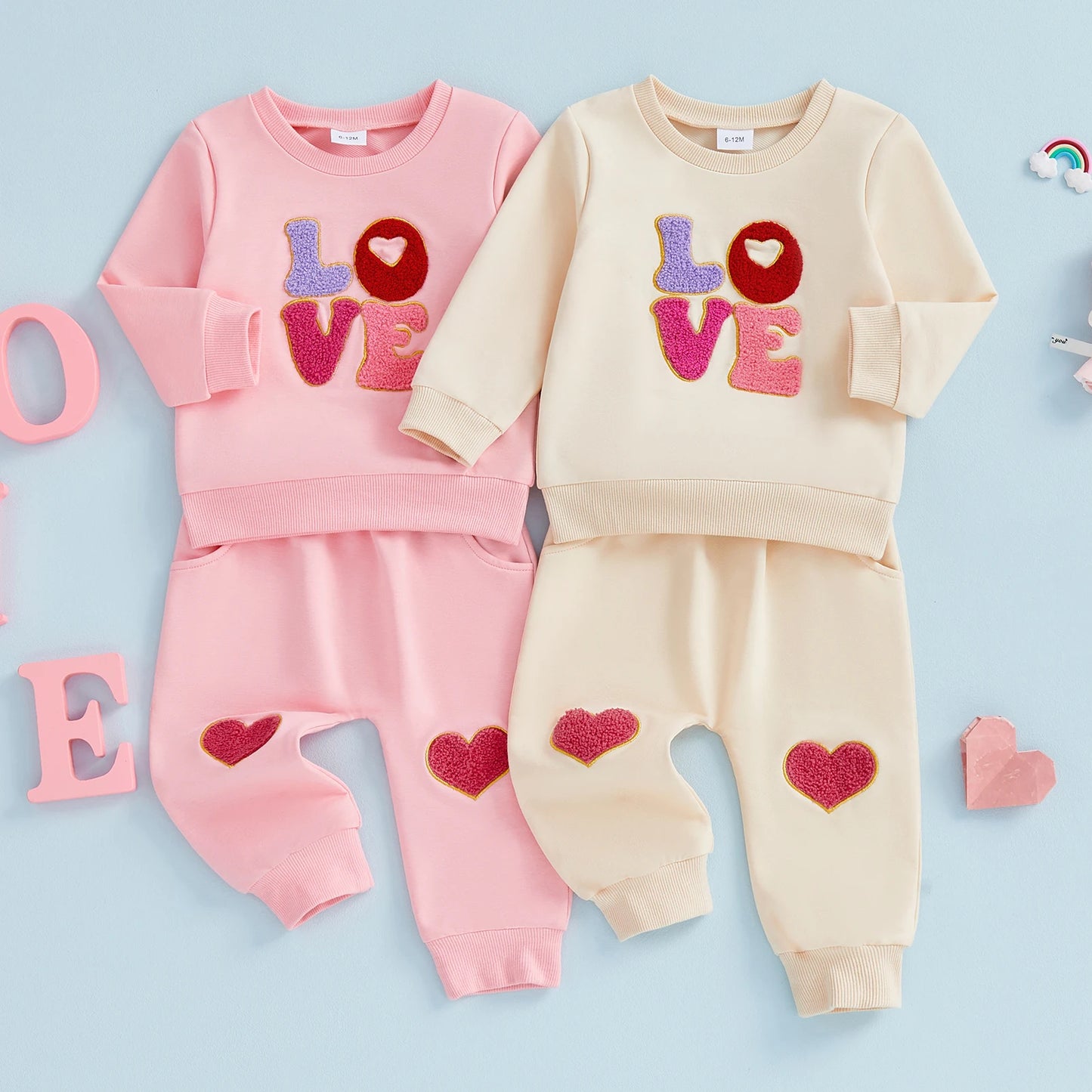 Baby Toddler Girls 2Pcs Valentine's Outfit LOVE Letter Embroidered Long Sleeve Top and Heart Embroidered Pants Jogger Set