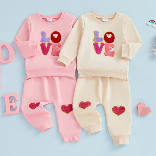 Baby Toddler Girls 2Pcs Valentine's Outfit LOVE Letter Embroidered Long Sleeve Top and Heart Embroidered Pants Jogger Set