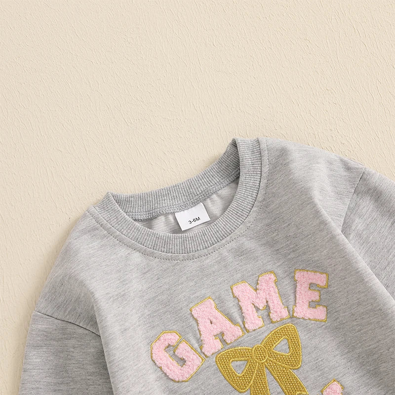 Baby Girl Game Day Bubble Romper Bow Letter Embroidery Long Sleeve Crew Neck Football Jumpsuit for Fall