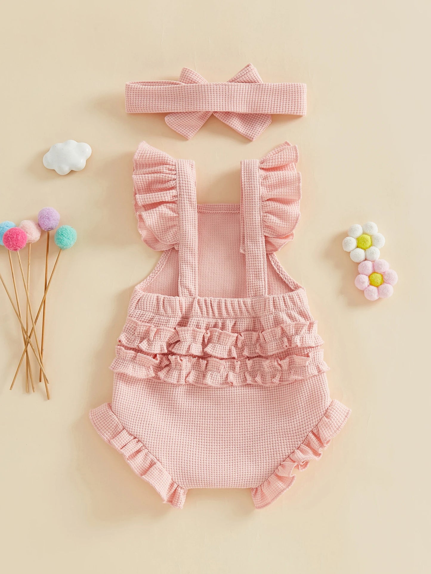Baby Girl 2Pcs Spring Summer Outfits Ruffle Sleeveless Solid Color Romper with Headband Set