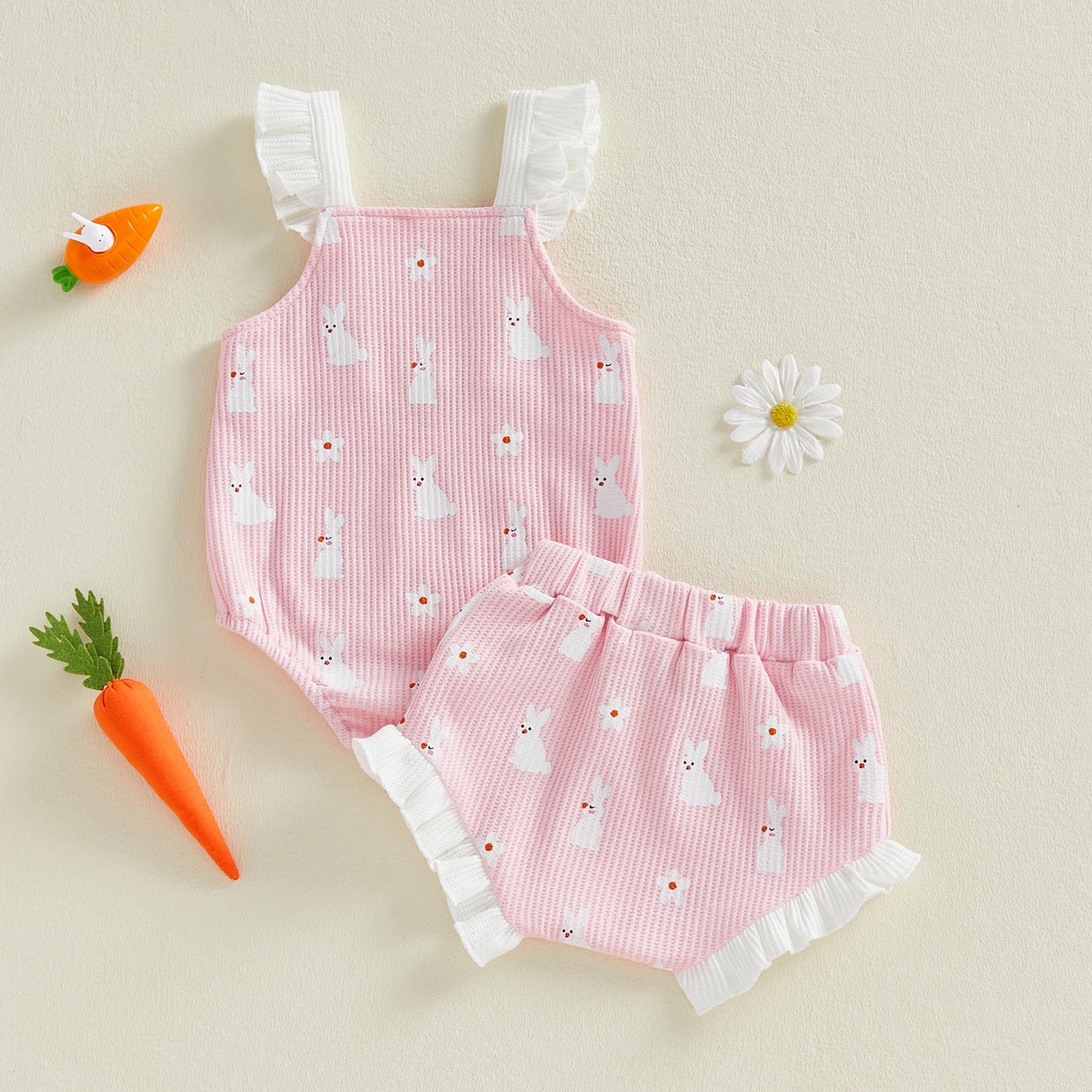 Baby Girl 2Pcs Easter Outfit Square Neck Ruffle Sleeveless Bunny Floral Print Romper Elastic Waist Bloomer Shorts Set