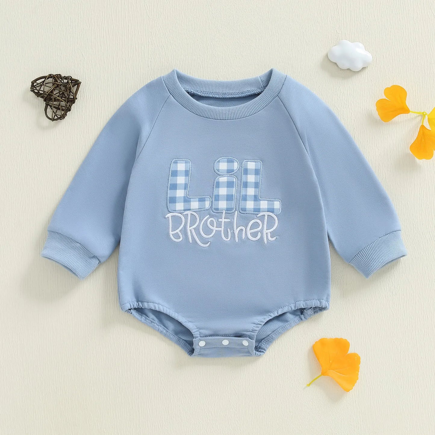 Baby Boy Lil Brother Fall Winter Romper Loose Fit Letter Plaid Embroidered Crew Neck Long Sleeve Jumpsuit