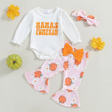 Load image into Gallery viewer, Baby Girls 3Pcs Mama&#39;s Pumpkin Halloween Outfit Letter Print Long Sleeve Romper and Pumpkin Print Flared Pants Headband Set
