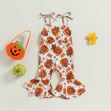 Load image into Gallery viewer, Toddler Baby Kids Girl Halloween Jumpsuit Flower/Pumpkin Printed Tank Tie Bell-Bottoms Romper
