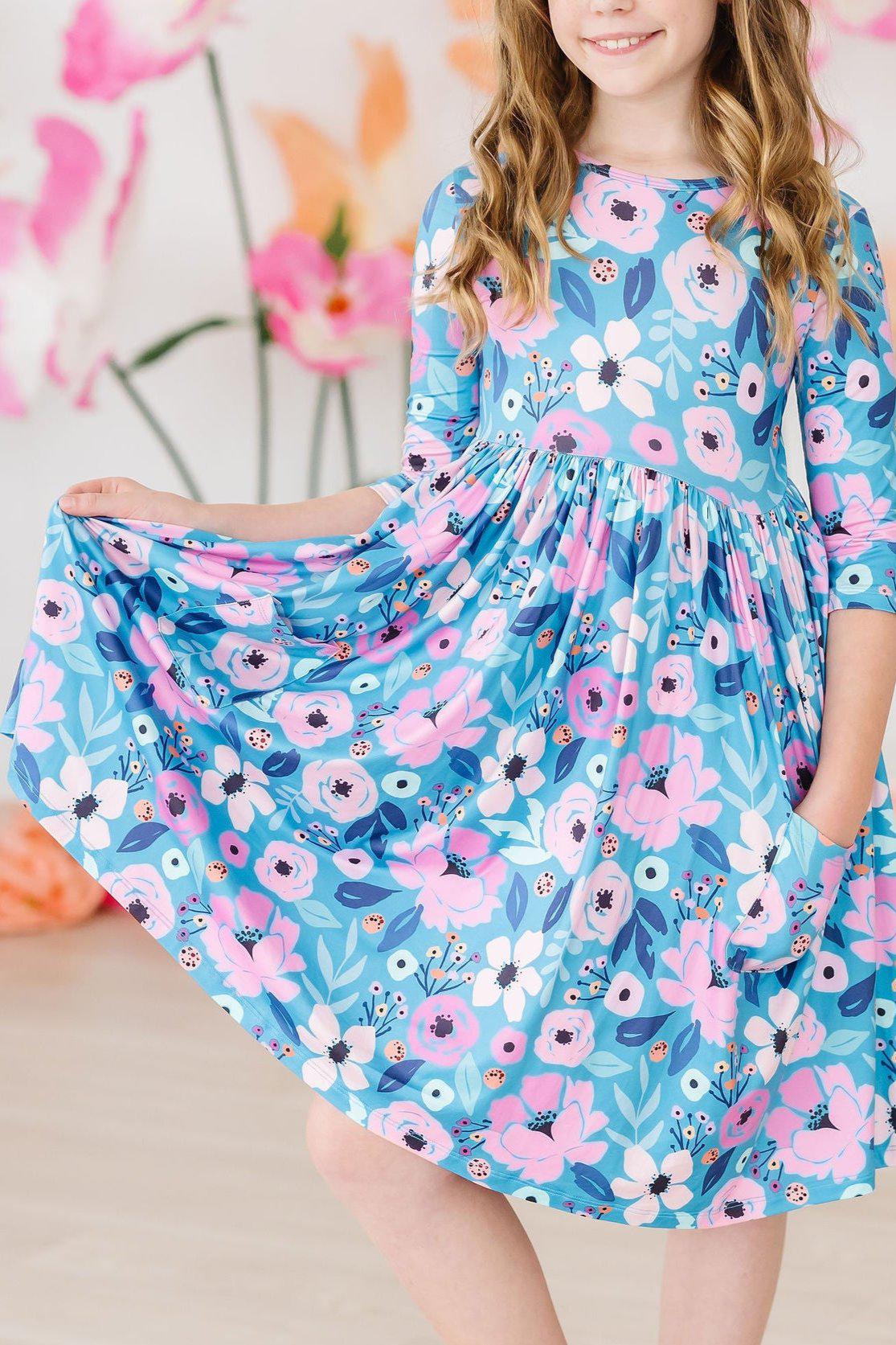 Twirling in Teal Floral 3/4 Sleeve Pocket Twirl Dress