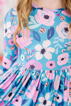Twirling in Teal Floral 3/4 Sleeve Pocket Twirl Dress