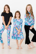 Twirling in Teal Floral 3/4 Sleeve Pocket Twirl Dress
