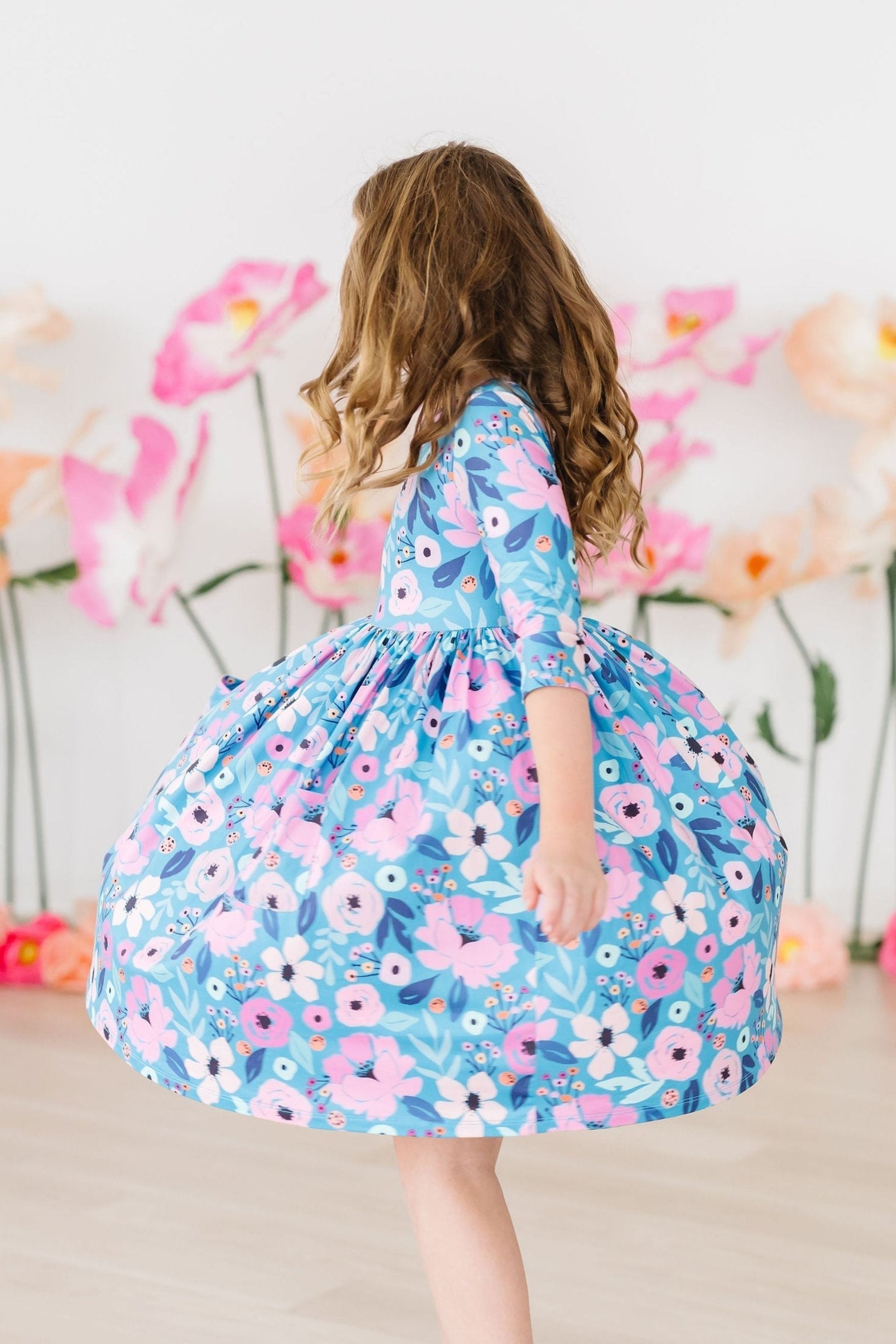 Twirling in Teal Floral 3/4 Sleeve Pocket Twirl Dress