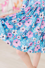 Twirling in Teal Floral 3/4 Sleeve Pocket Twirl Dress