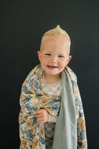 Paradise Palms+ Dusty Blue Muslin Quilt Blanket