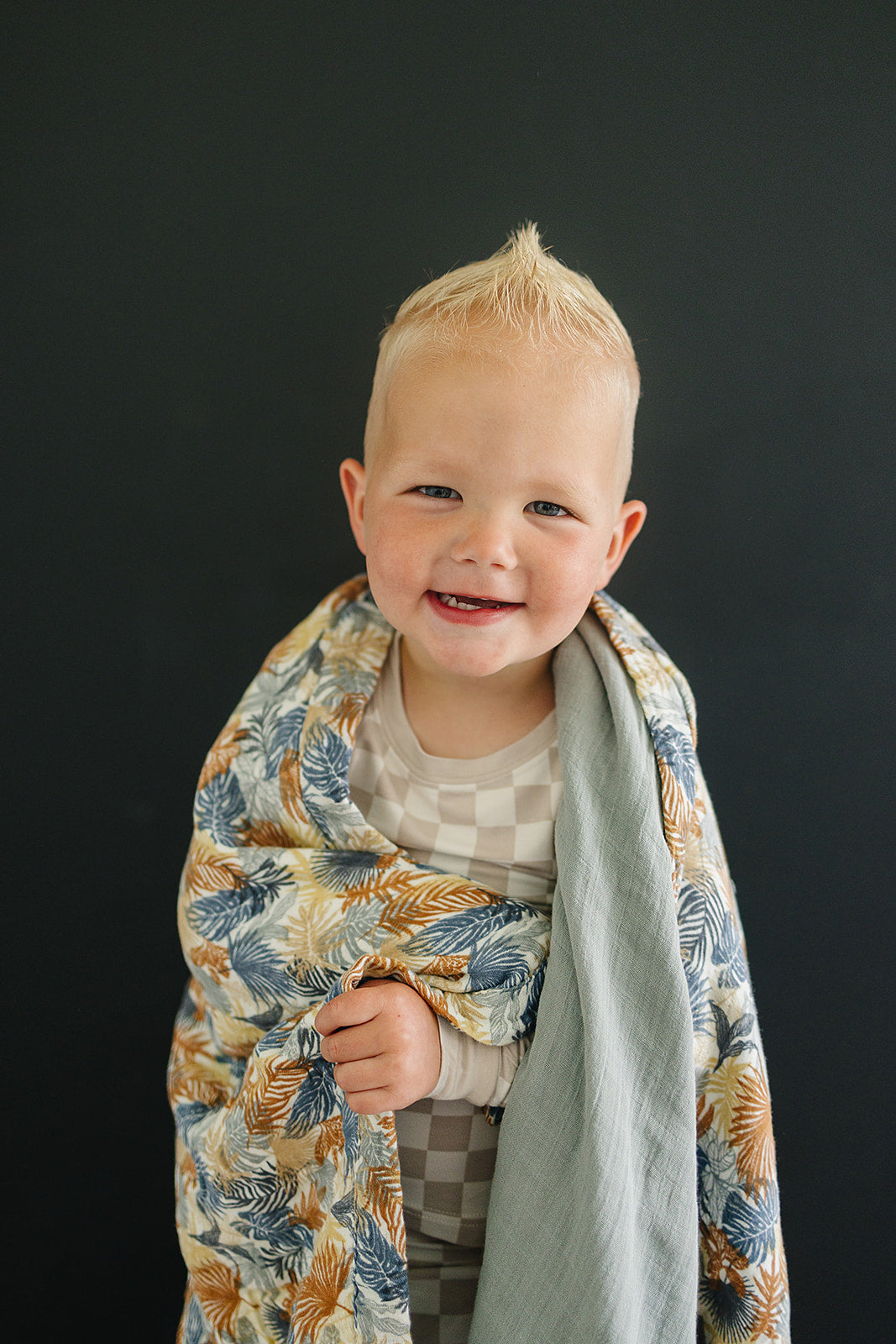 Paradise Palms+ Dusty Blue Muslin Quilt Blanket