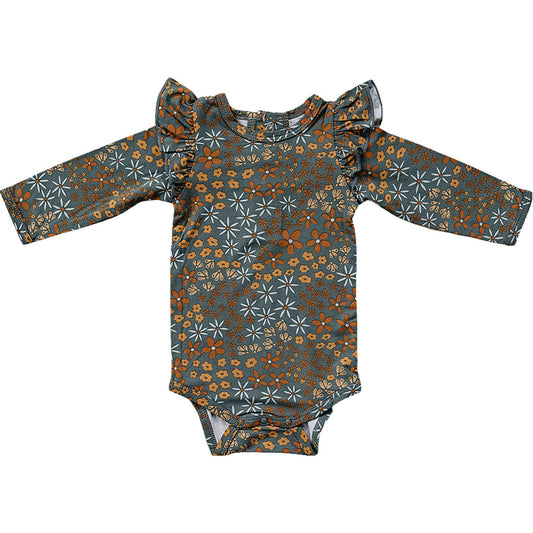 Navy Floral Ruffle Sleeve Bamboo Bodysuit Romper