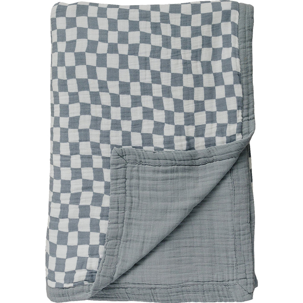 Dusty Blue Wavy Checkered Twin Muslin Quilt Blanket