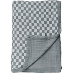Dusty Blue Wavy Checkered Twin Muslin Quilt Blanket