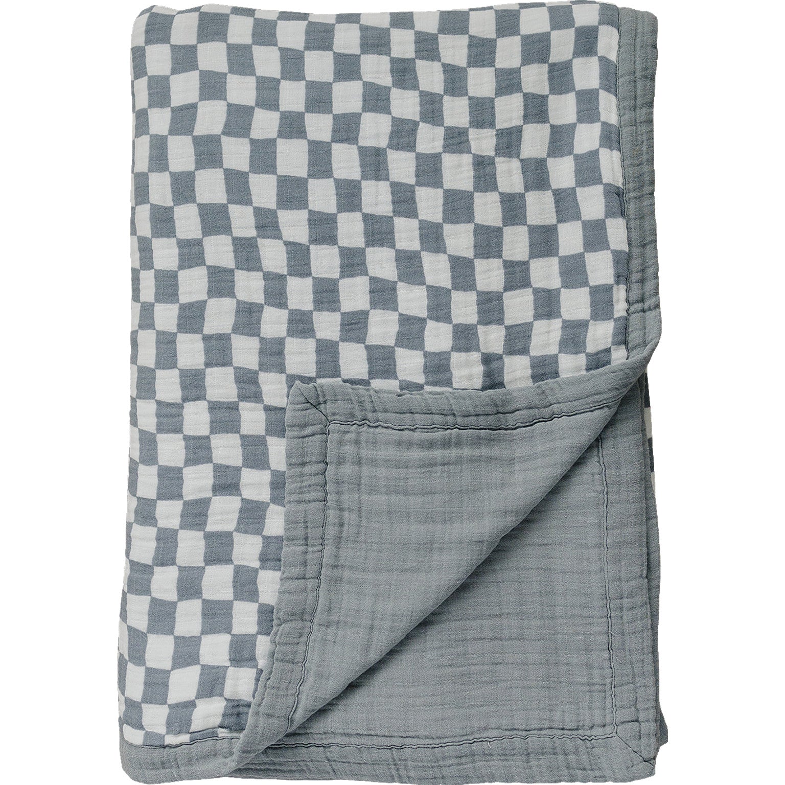 Dusty Blue Wavy Checkered Twin Muslin Quilt Blanket