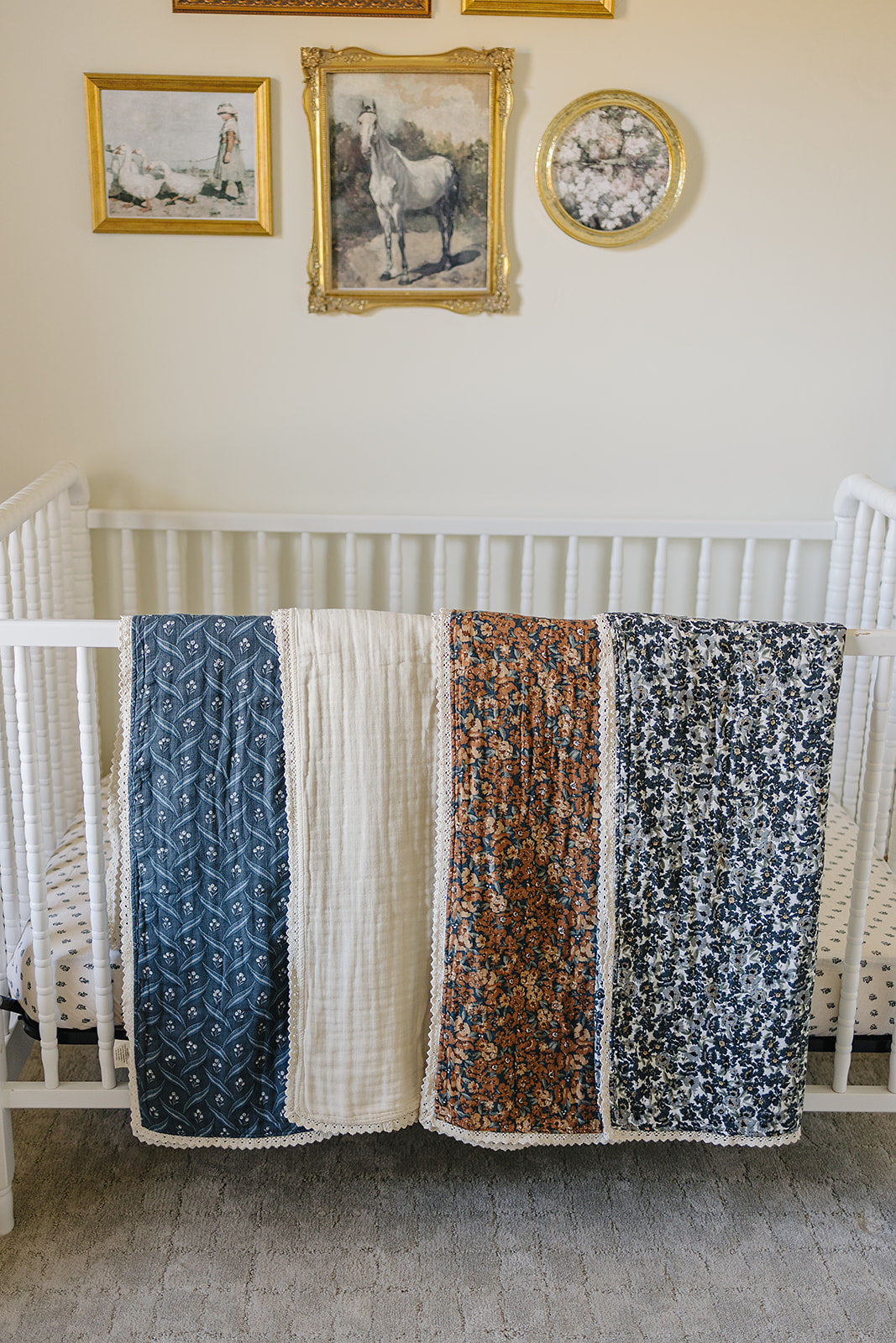 Navy Berry + Cream Berry Lace Muslin Quilt Blanket