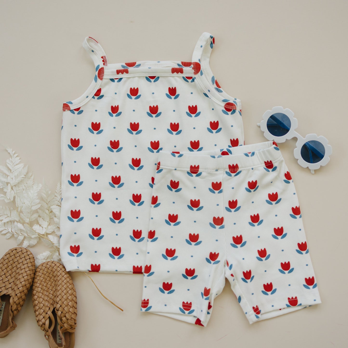 Red White & Blue Tulip Floral Ribbed Bamboo 2pc Tank Set