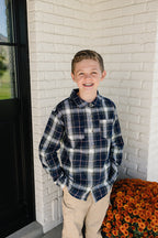 Navy Plaid Button Up Shirt Top