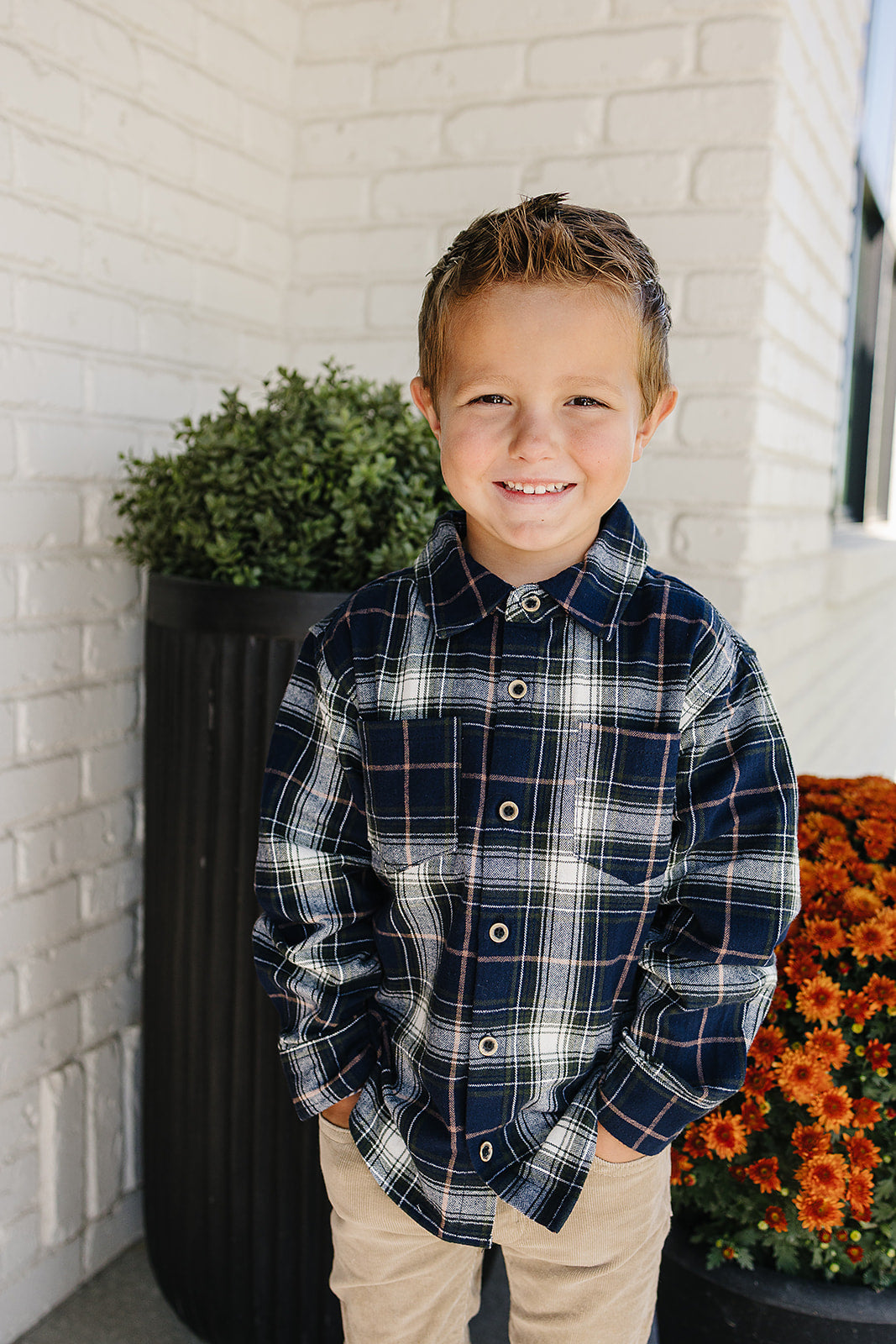 Navy Plaid Button Up Shirt Top