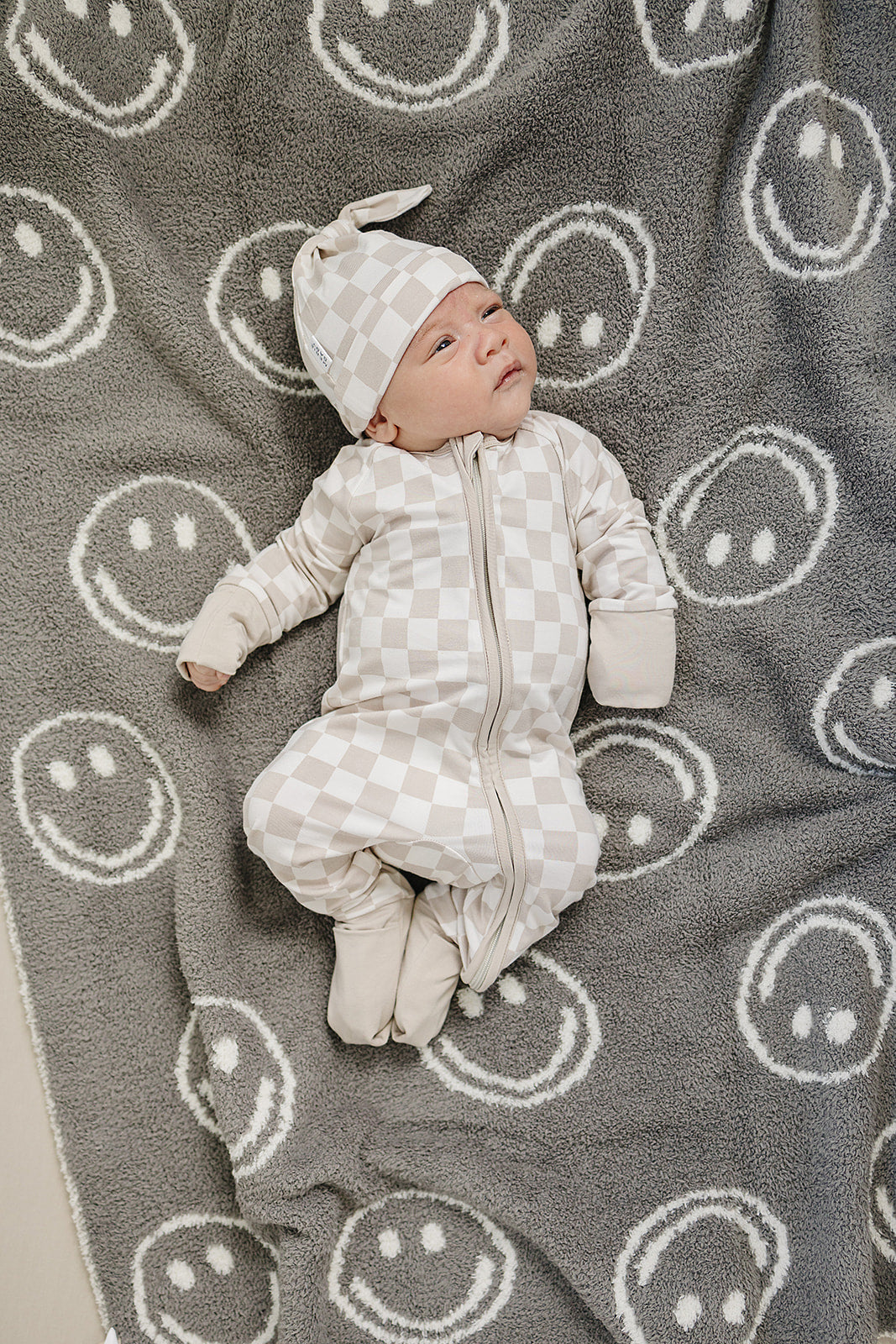 Taupe Checkered Bamboo Zipper Romper