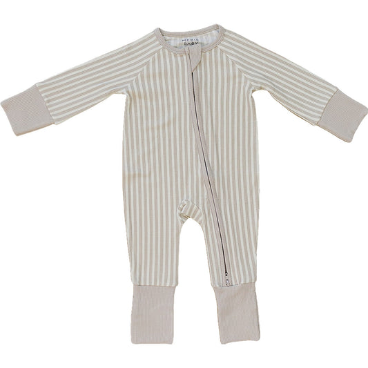 Taupe Stripe Ribbed Bamboo Zipper Romper