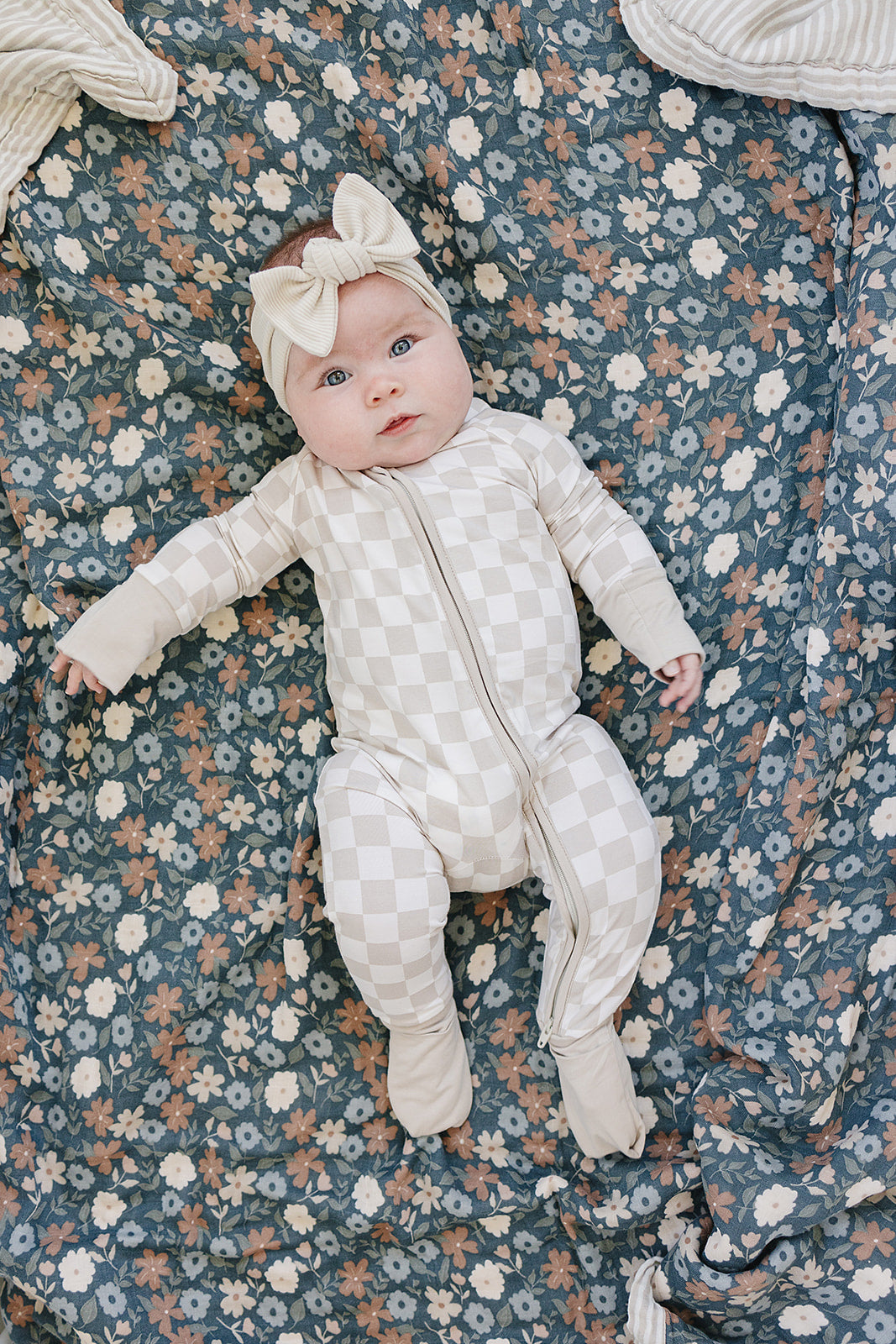 Taupe Checkered Bamboo Zipper Romper