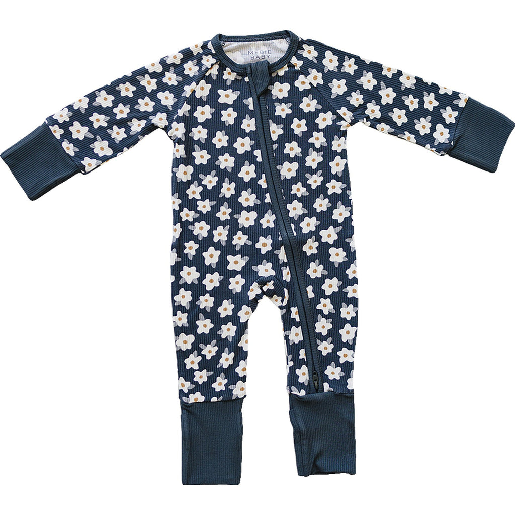 Navy Daisy Floral Ribbed Bamboo Zipper