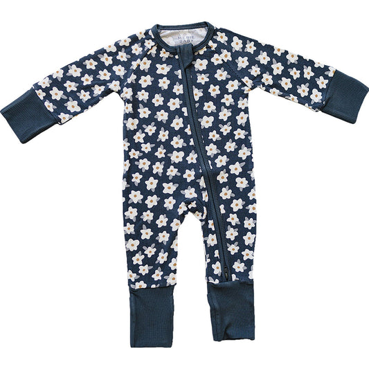 Navy Daisy Floral Ribbed Bamboo Zipper
