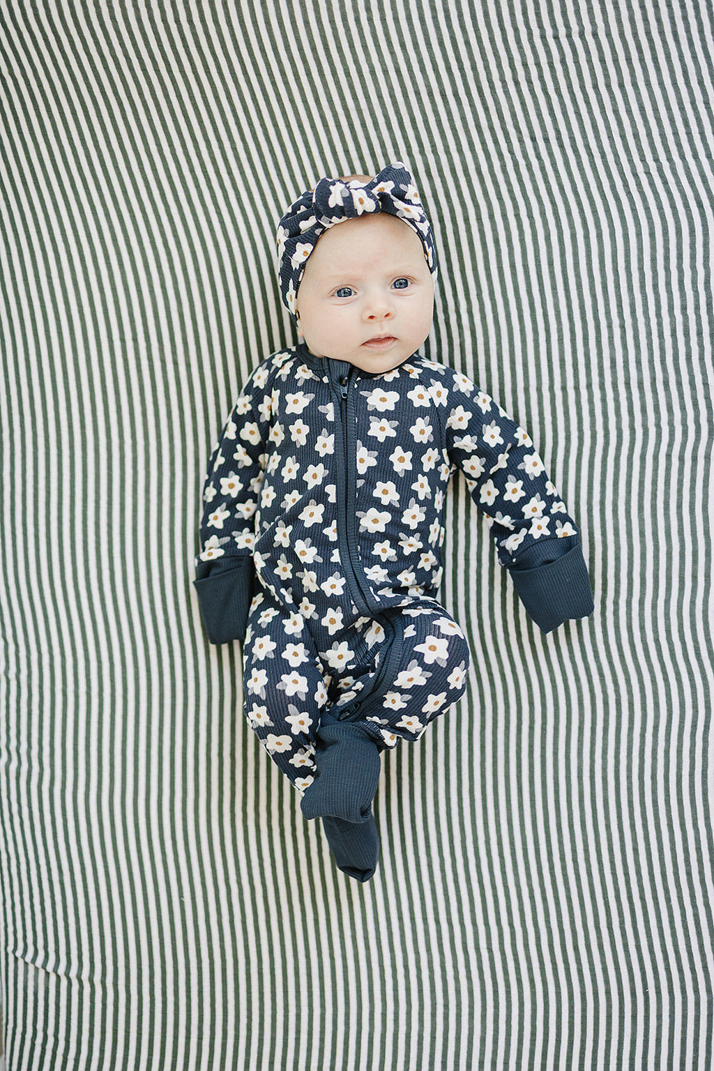 Navy Daisy Floral Ribbed Bamboo Zipper