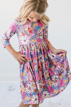 Mauve What's Up Buttercup 3/4 Sleeve Floral Pocket Twirl Dress