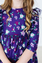 Violets in Bloom Floral 3/4 Sleeve Ruffle Twirl Dress