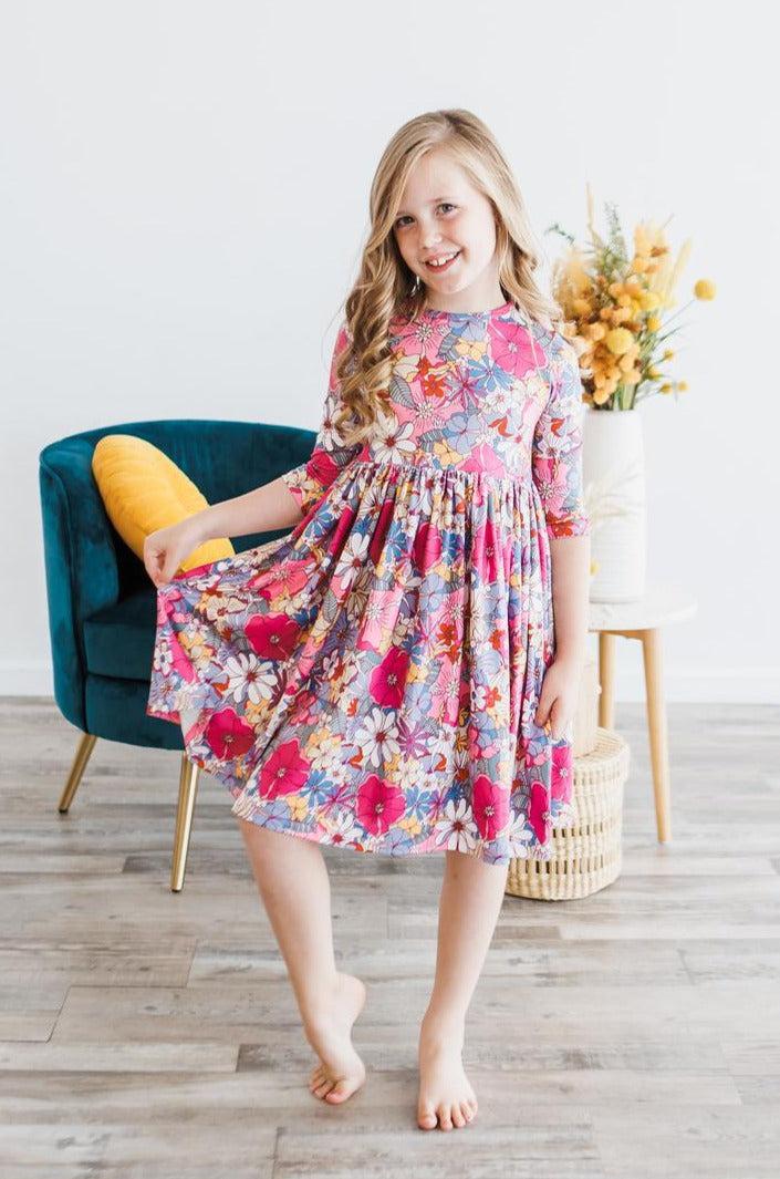 Mauve What's Up Buttercup 3/4 Sleeve Floral Pocket Twirl Dress