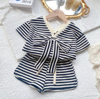 Bow Tie V-Neck Top and Shorts Striped Set