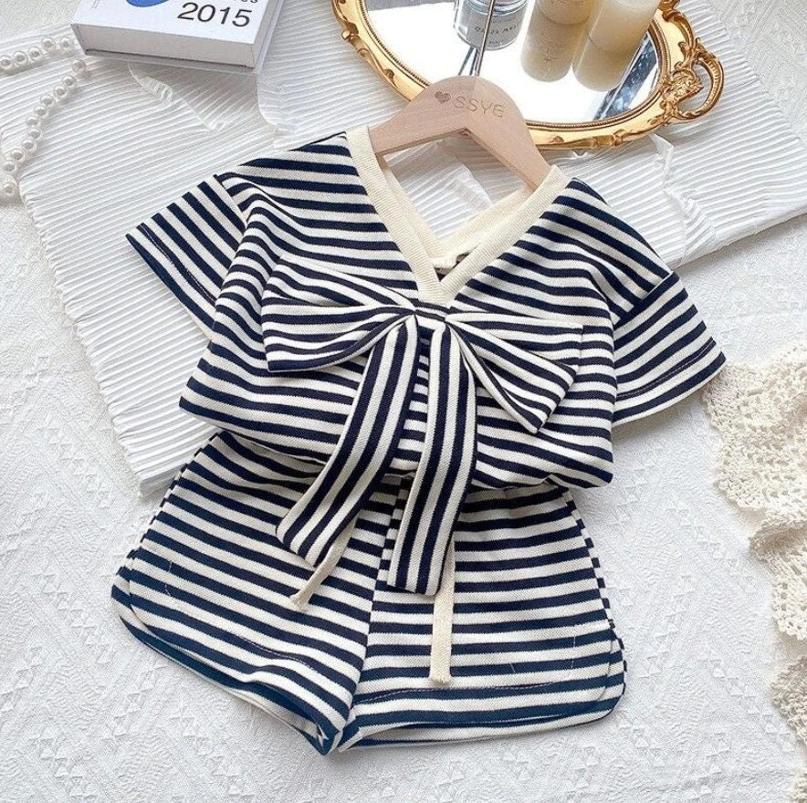 Bow Tie V-Neck Top and Shorts Striped Set