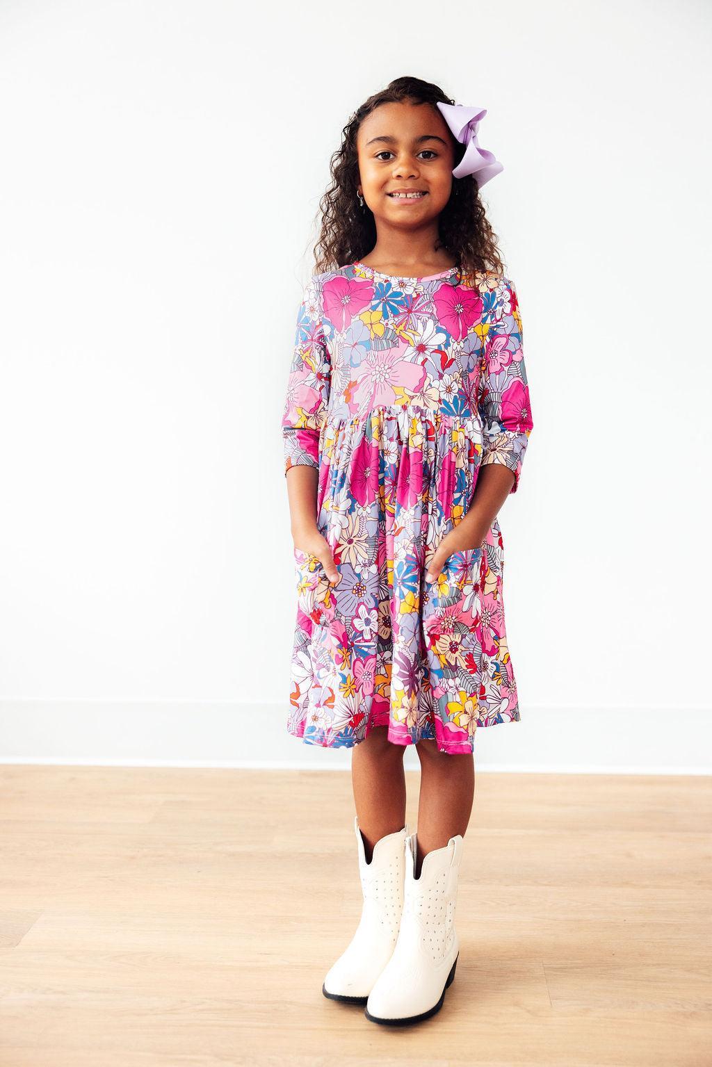Mauve What's Up Buttercup 3/4 Sleeve Floral Pocket Twirl Dress