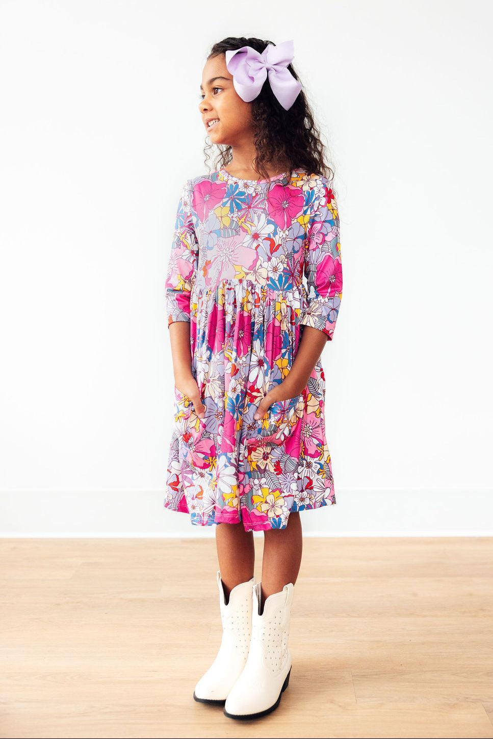 Mauve What's Up Buttercup 3/4 Sleeve Floral Pocket Twirl Dress