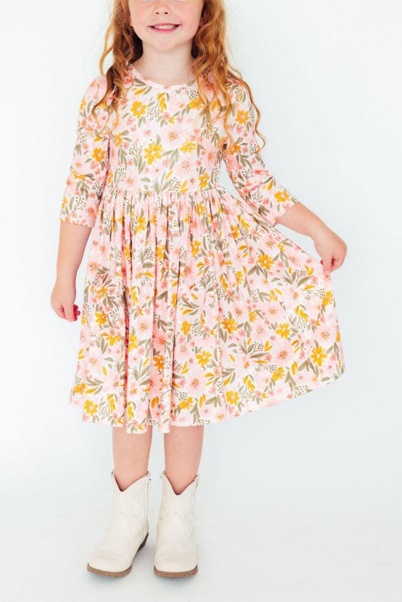 Pretty Peachy Floral 3/4 Sleeve Pocket Twirl Dress