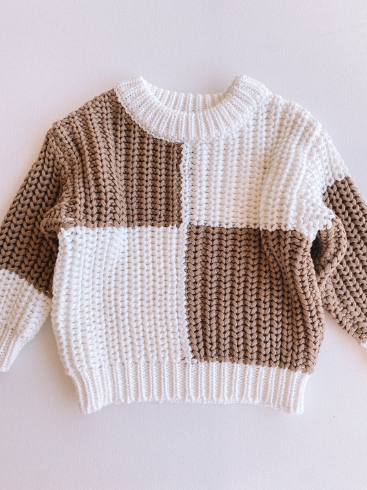 white + taupe check sweater