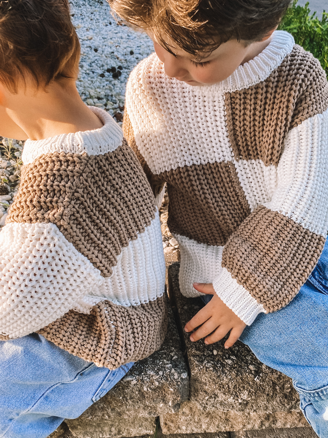 white + taupe check sweater