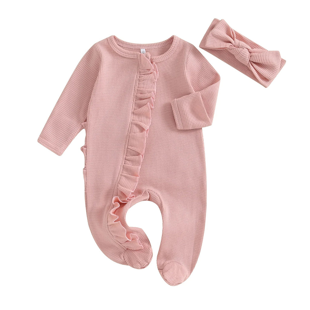 Ruffle Footed Jumpsuit Romper with Headband Set