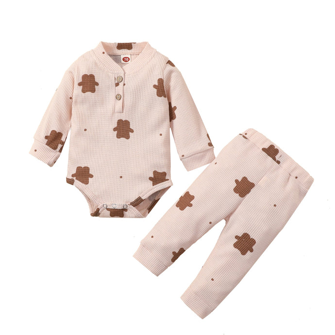 Baby Boy Girl 2 Pcs Waffle Outfit Bear Print Long Sleeve Pants Outfit