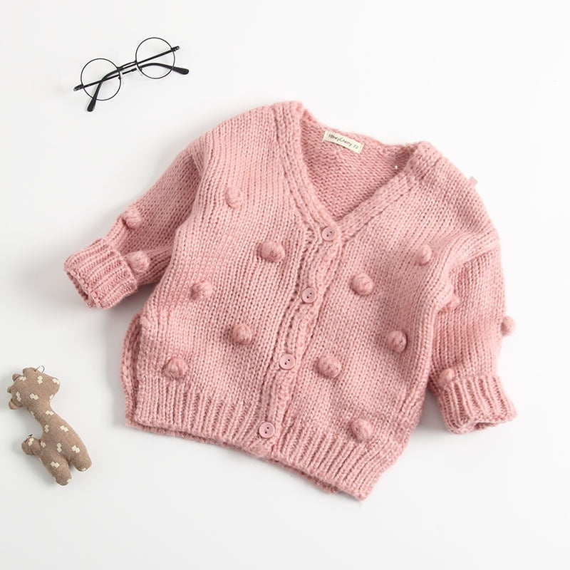 Toddler Baby Girl Pom Pom Knit Sweater V Neck Button Down Top August Willow