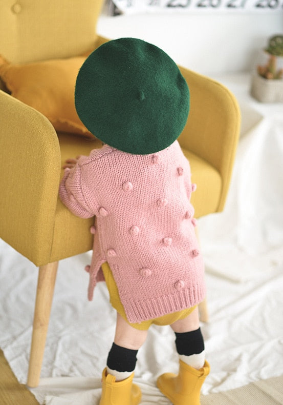 Toddler Baby Girl Pom Pom Knit Sweater V-Neck Button Down Top