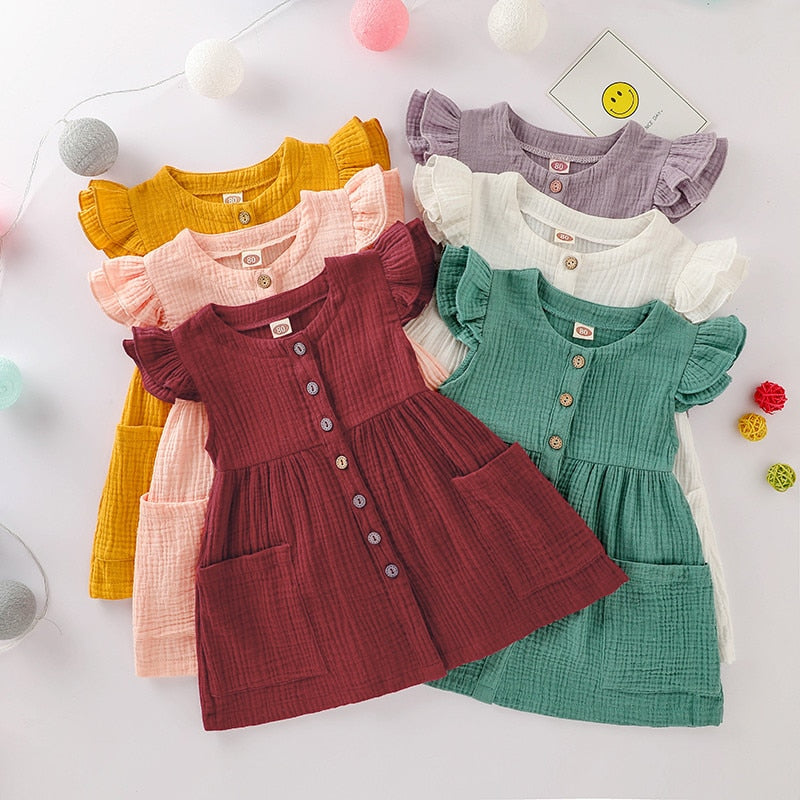 Toddler Kid Baby Girl Summer Dress Ruffles Sleeves Cotton Button Pocket Dress Sundress