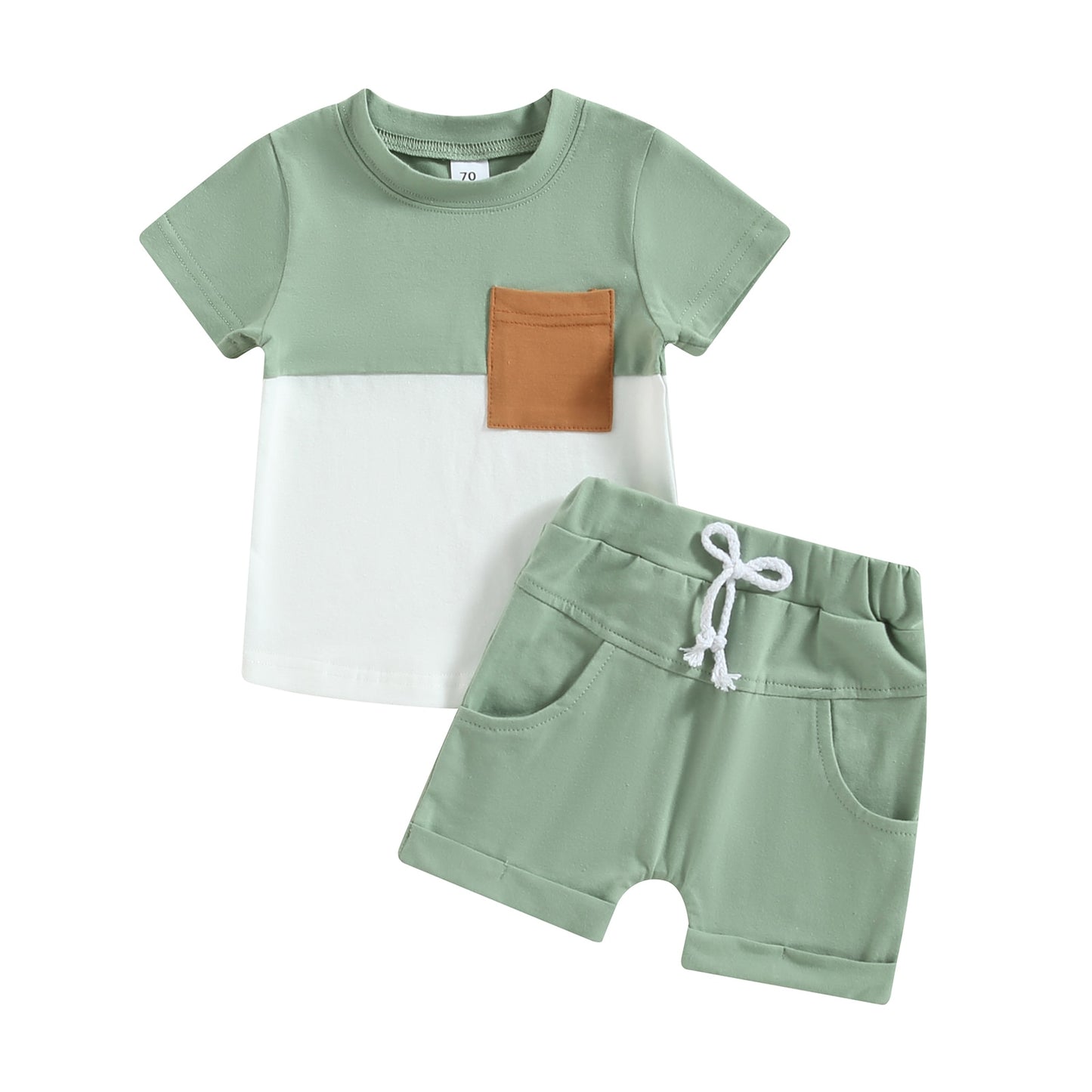 Baby Toddler Boys 2Pcs Outfit Set Short Sleeve Pocket Contrast Color Tee Solid Drawstring Shorts