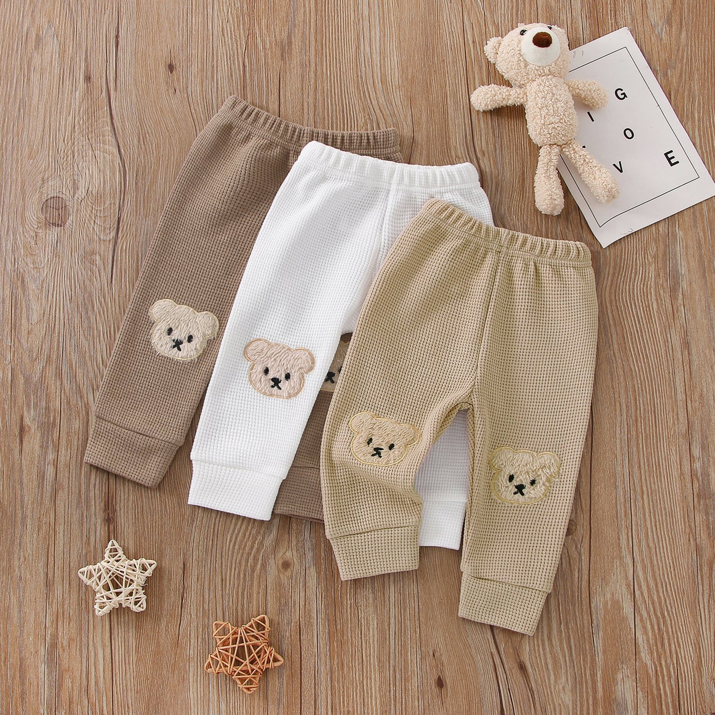 Baby Girls Boys Bear Waffle Knit Pants